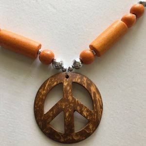 FASHION NECKLACE Peace Sign Pendant Orange Wood